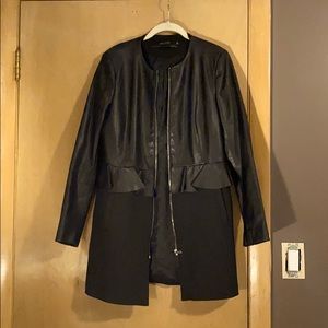 Zara long faux leather jacket with ruffle detail